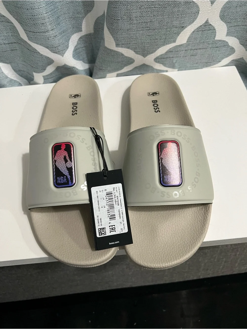 Hugo Boss Light Gray Slide Sandals with NBA Red & Blue Logo Patch